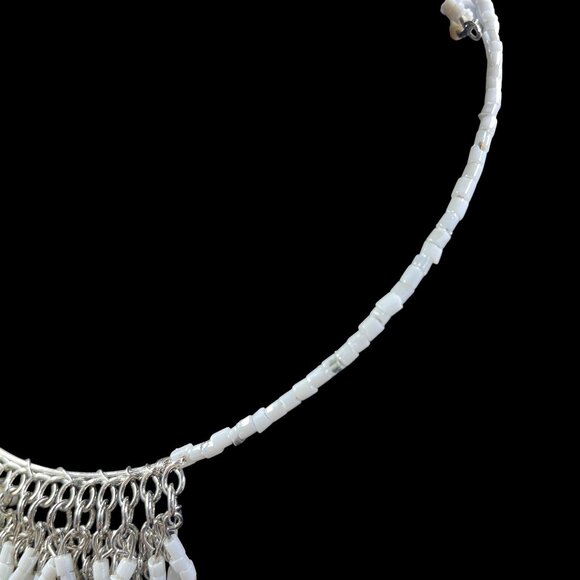 White Beaded Fringe Statement Necklace Boho Festival Tribal Inspired Jewelry 14" - Picture 5 of 6